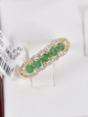 Emerald with Natural Diamond and White Topaz Ring in 925 Sterling Silver sz 7